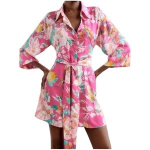 Zara Vibrant Satin Floral Women's collared button down shirt dress Large